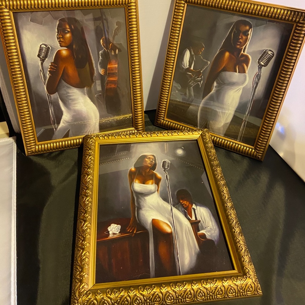 This is a Set of 3 Framed Pictures of Woman in musical settings